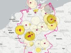 Eine Deutschlandkarte, auf der mit großen kreisen Rechenzentren eingetragen sind