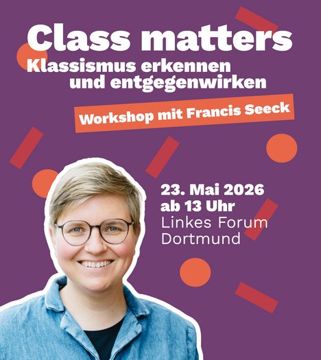 Ein Cut-Out von Francis Seeck auf buntem Hintergrund mit dem Workshoptitel und Datum, sowie Uhrzeit